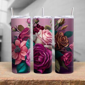 Floral Rose Tumbler 20oz | Elegant Stainless Steel Cup with Straw